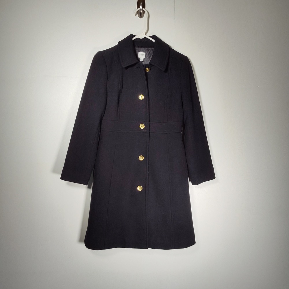 J. Crew Womens Black Wool Blend Lady Day Coat Long Winter Coat Gold Buttons 4P